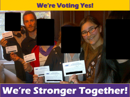 Current and former employees show their union cards in a photo that was posted in the cafe prior to the vote. At left, Andrew Gouthro; at right, Shelby Kennedy. (Photo courtesy of Jason Edwards) 