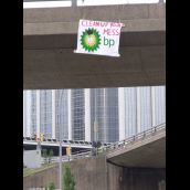 Anti BP Banner hanging from over pass on Barrington