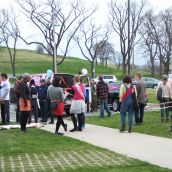 Street dancers and protesters gather