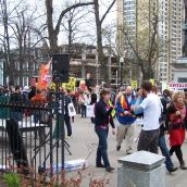 People gather at Victoria park preparing to march in protest against the G8 meetings in Halifax