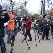 Mainstream media make an appearance; few remain by the time speakers begin at the end of the march