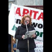 Fiona Traynor from Dal Legal Aid spoke about lack of affordable housing and poverty in Halifax.