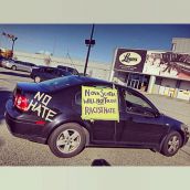 A convoy of cars wound through Dartmouth and circled the Leon's Furniture Store in support of an employee who had to quite her job because of racism in her workplace. Photo: Sima Sahar Zerehi