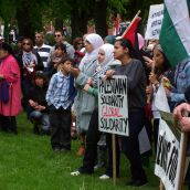 “Apparently in the eyes of Israel and its unquestioning supporters, the worst sin is to fight back,” Larry Haiven of Independent Jewish Voices told the crowd. <br> Photo by Kaley Kennedy