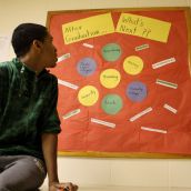 A bulletin board on the third floor aims to make Grade 9 students think about the future. After the final graduation ceremony two years from now, condos will be built on the former school site.