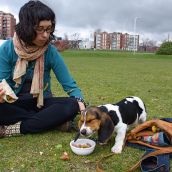 Guthrie and his owner chow down on apple crisp and pita.