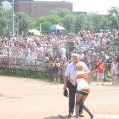 Farrah Moan argues a call with the umpire. Photo: Miles Howe