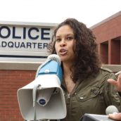 El Jones recites a fierce poem for gathered supporters at Saturday's protest against the criminalization of black youths (Photo: Hilary Beaumont)