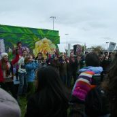 Megan Leslie leading a cheer with the King's College students