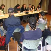 Panellists at the Halifax launch (from left to right): Kaley Kennedy (moderator), Angela Giles (Council of Canadians), Cole Webber, Fiona Traynor (Dalhousie Legal Aid Service), Mary Burney and April Wise-Gillap (Feminist League for Agitation Propaganda), and Hillary Lindsay (HMC/Dominion). <br> Photo by Allan Bezanson. 