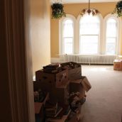 Boxes stacked in the second-floor tea room.