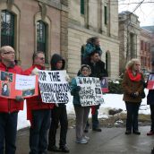 Wendy Lill, of Community Homes Action Group, and Jean Coleman, director of the Nova Scotia Association for Community Living, far right, joined the protest in Halifax.  Photo Simon de Vet.