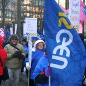 But home support workers never had a chance. Angry workers rallied outside Province House while inside the liberal majority put in place essential services legislation that effectively removed the right to strike.  Even light housekeeping and doing the laundry were deemed essential. Photo Robert Devet