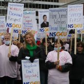 Angry union members rallied in front of the Westin Hotel, location of the Liberal annual general meeting.  Photo Robert Devet