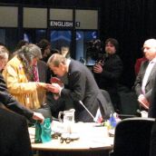 Mi'kmaq elder Emmett Peter performs a smudging ceremony to welcome the foreign ministers - his speech did not touch on the challenges First Nations are facing in Nova Scotia, Canada, and the world