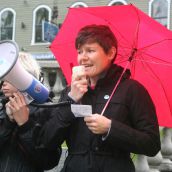 Megan Leslie, Halifax Member of Parliament, told the crowd to raise a ruckus. " We need letters to the editor, we need people to call in to call-in shows, we need you to raise hell in your communities." Photo Robert Devet