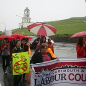 About 50 people opposed to proposed federal sex worker legislation listened to speeches and then marched to the Halifax Police Station on Gottingen Street. Photo Robert Devet