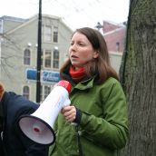 "If the Harper government would actually provide proper infrastructure funding then we wouldn't be looking  at hard working water workers to lower wages and cut pensions so that structural upgrades can happen." Angela Giles, Council of Canadians.  Photo Robert Devet