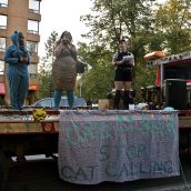 Rebecca Faria, organizer of Hollaback! Halifax, speaking to the crowd. [Photo: S. Slaunwhite] 