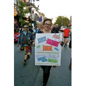 Dee Dooley marching with the crowd [Photo: S. Slaunwhite]