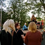 Rebecca Faria performing some slam poetry at Cats Glare Back at Street Harassment and Sexual Violence. [Photo: S. Slaunwhite]