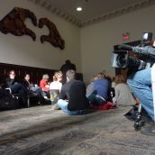 Cameras & comrades wait for the appearance of the ONS arrestees in court.