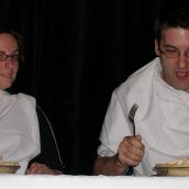 Pie eating contestants getting ready