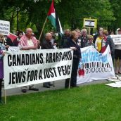 “The attacks on the freedom flotilla have been condemned by people across the world, including people in Israel. Today we gather here to add our voices to this resistance and to stand in solidarity with the people of Gaza and all Palestinians," Jane Kirby, the rally's MC told protesters. <br> Photo by Hillary Lindsay 