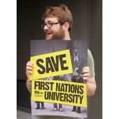 Protesters gathered outside Halifax MP Megan Leslie's office to denounce the cut funding to the First Nations University in Saskatchewan - the only one of its kind in Canada.