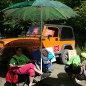 Resting at the site of a blockade of seismic trucks in Stanley. Photo: Carla Gunn. 